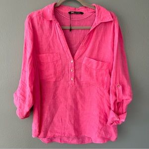 Zara Hot Pink Half Button Up beach coverup Size large
